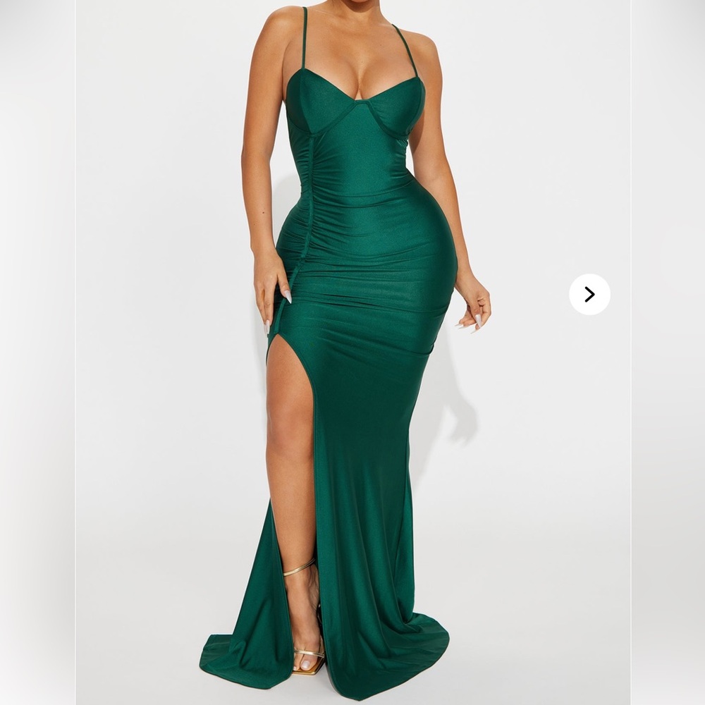 Fashion Nova Green Ruched Slit Maxi Dress